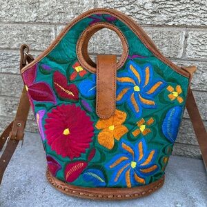 Guatemalan leather Embroidered Floral Tote Bag -